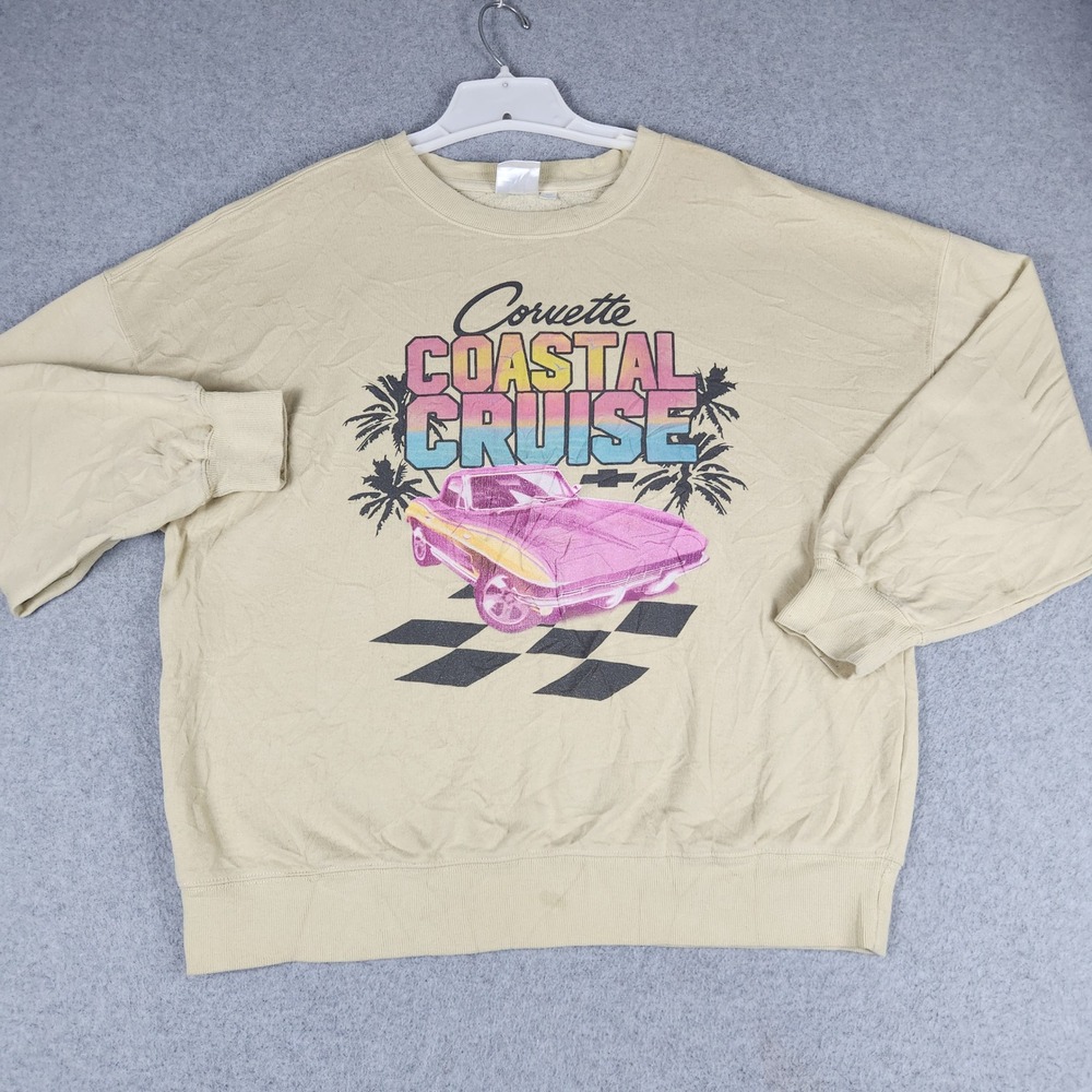 VTG GM Corvette Sweatshirt Mens M Tan Coastal Cruise Graphic Retro Car Pullover
